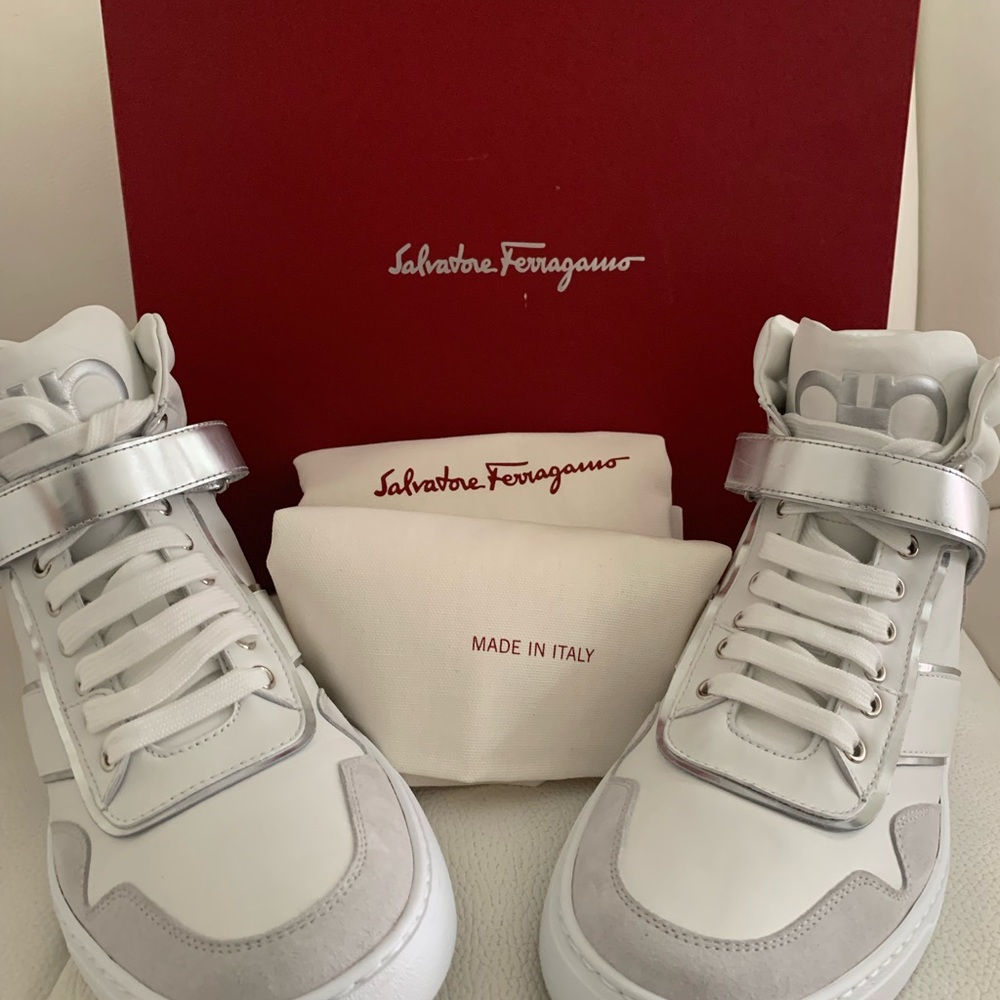 NIB Mens Salvatore Ferragamo "Noe" Leather High-Top Sneakers White/Nikel 10 - Picture 6 of 10